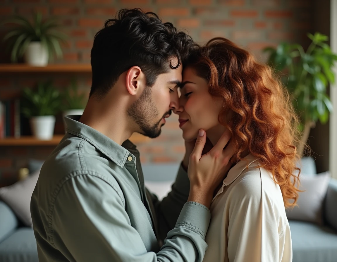 Couple amoureux partageant un baiser tendre et complice dans un appartement avec des murs en briques, l'homme tenant délicatement le visage de sa partenaire