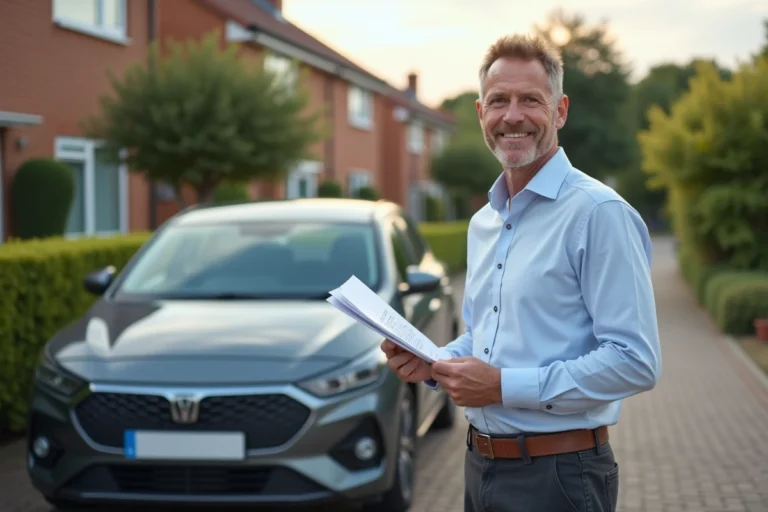 Homme d'âge moyen avec documents près de sa voiture