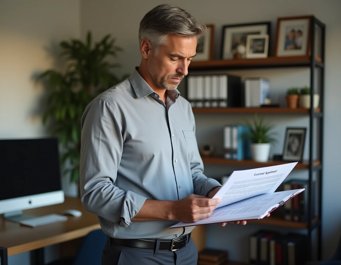Homme consultant un dossier de documents pour justifier son domicile dans un bureau à domicile