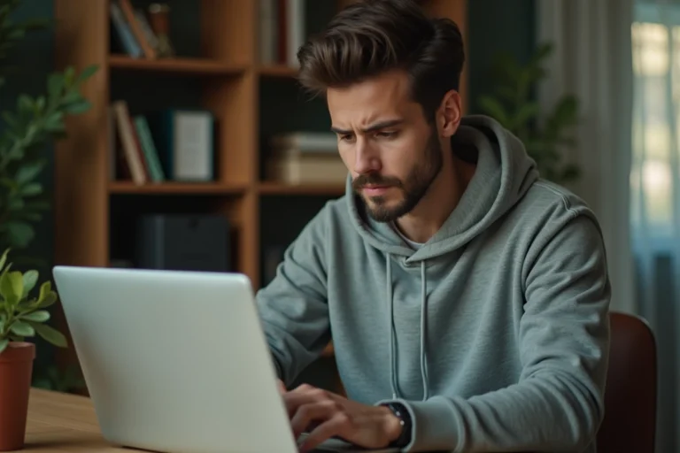 Jeune homme frustré devant un message d'erreur sur son ordinateur portable après la fermeture d'un site de torrents