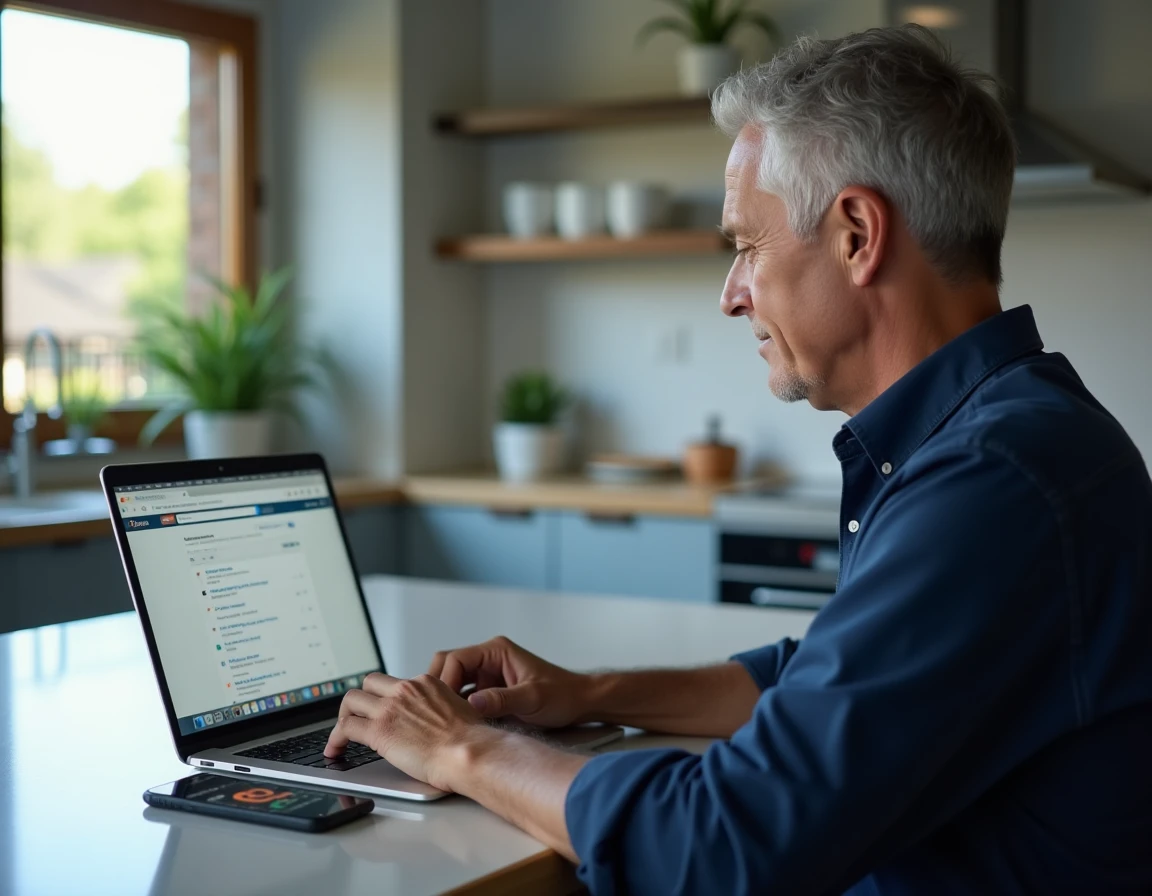 Homme utilisant un ordinateur portable pour effectuer une recherche d'annuaire inversé sur un numéro de téléphone 06