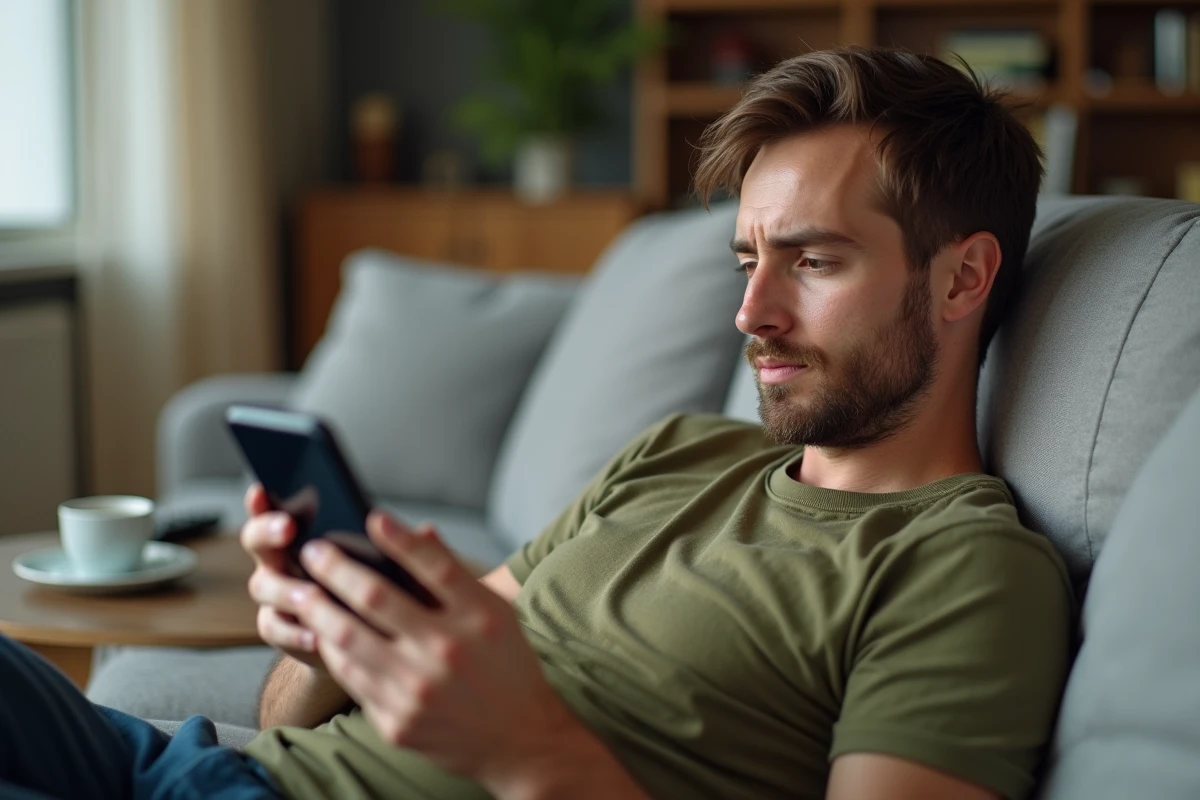 Homme allongé sur un canapé cherchant sur son smartphone la nouvelle adresse d'un site de torrents fermé