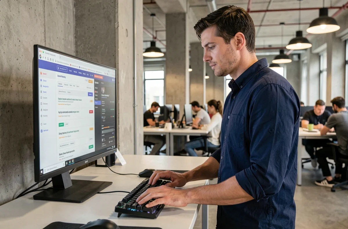 Homme travaillant sur une stratégie de référencement naturel avec un outil de recherche de mots-clés affiché sur un grand écran dans un espace de coworking
