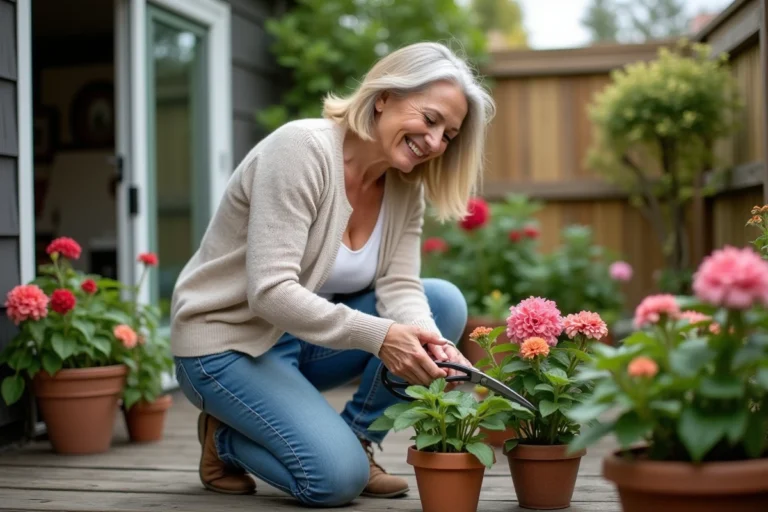 Femme d'âge moyen prune des géraniums dans son jardin