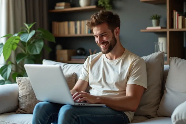 Jeune homme souriant avec un laptop dans un salon cosy