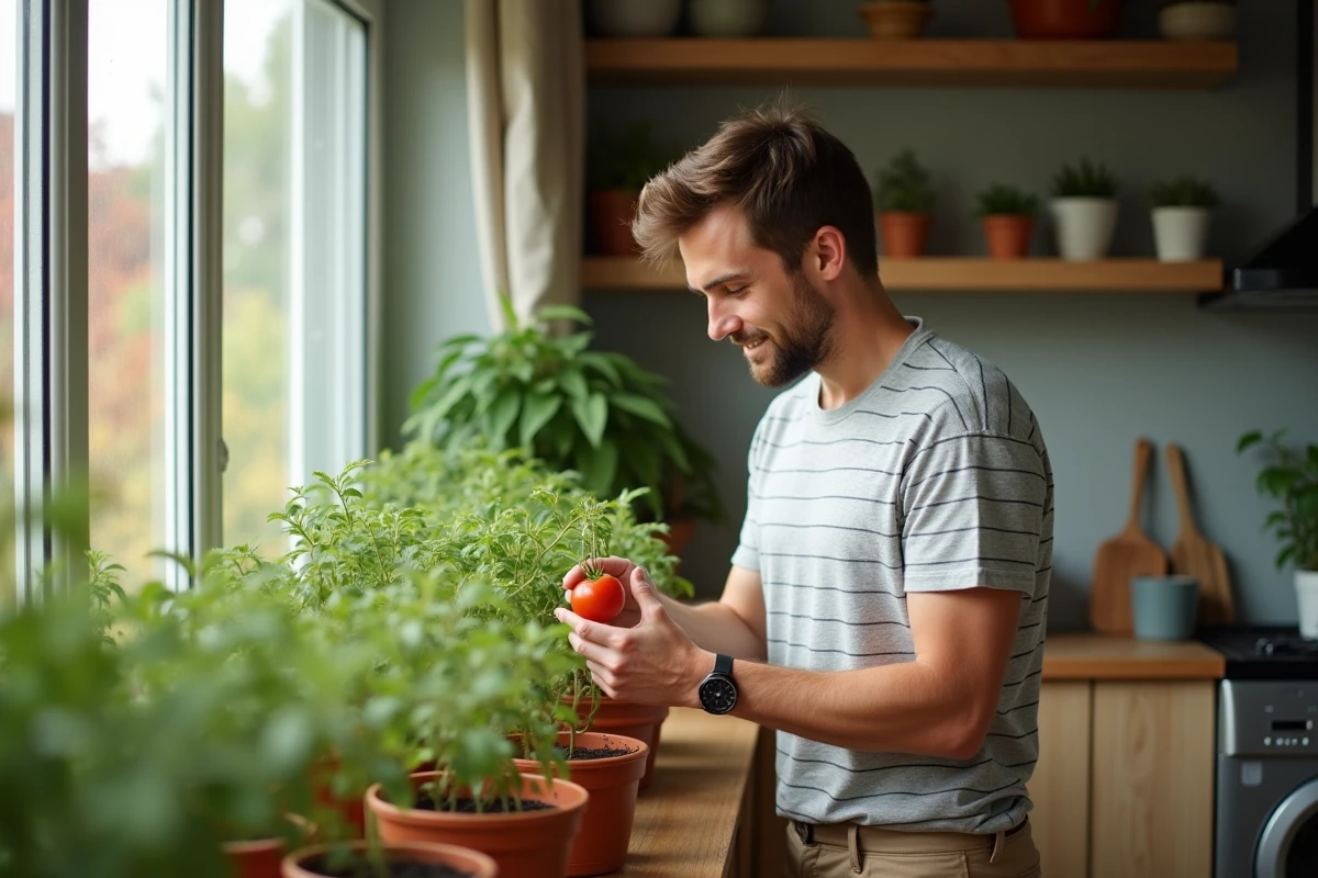 Jeune homme inspectant des plants de tomates en intérieur