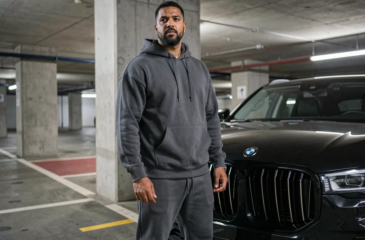 Homme grand et imposant photographié en contre-plongée près d'un SUV noir dans un parking souterrain, représentant la taille et la carrure de Lacrim