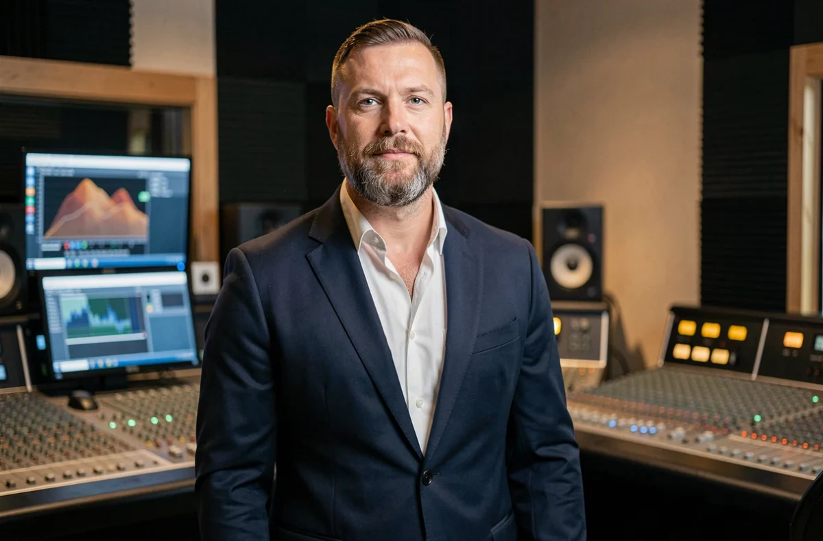 Portrait 3/4 d'un homme grand en costume marine dans un studio d'enregistrement professionnel, évoquant la personnalité et la stature du rappeur Lacrim