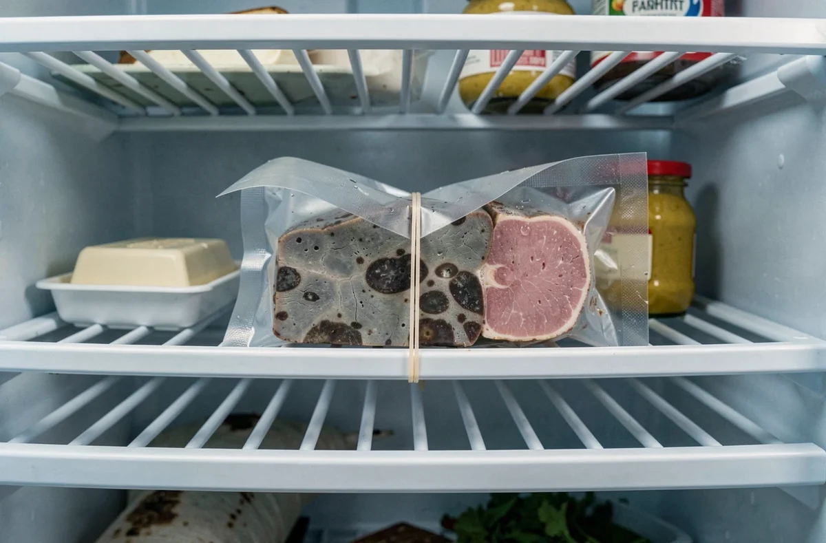 Intérieur d'un réfrigérateur avec un paquet de lardons entamés présentant une couleur grise et marron indiquant qu'ils sont périmés