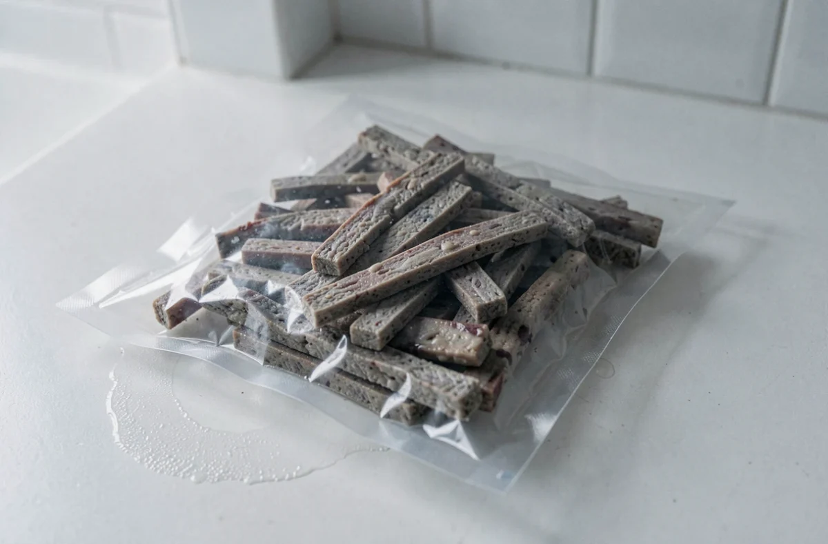 Paquet de lardons périmés ouverts sur un plan de travail, montrant une coloration grise et marron avec une texture visqueuse caractéristique de la détérioration
