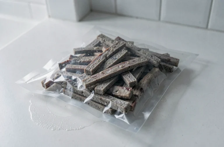 Paquet de lardons périmés ouverts sur un plan de travail, montrant une coloration grise et marron avec une texture visqueuse caractéristique de la détérioration