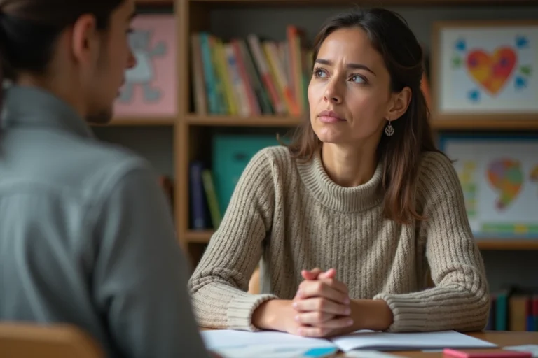 Maman inquiète lors d’un rendez-vous scolaire