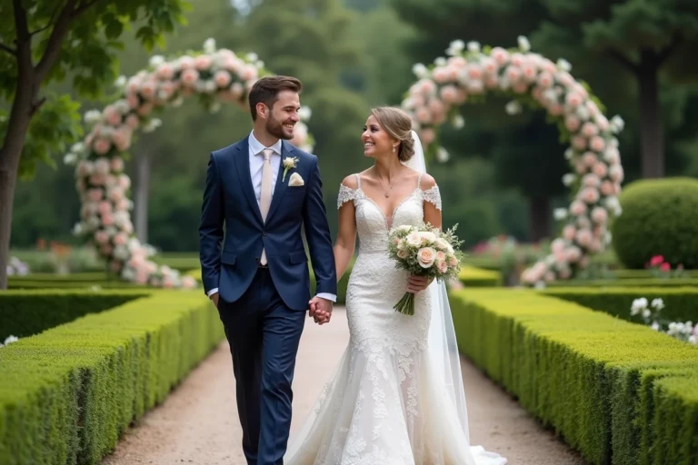 Jeune couple de mariés dans un jardin romantique