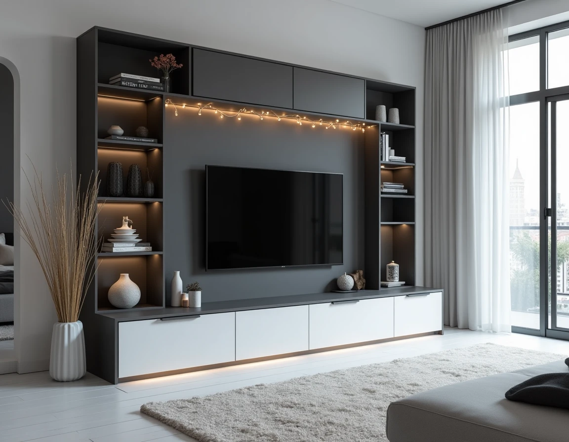 Meuble TV d'angle modulaire laqué anthracite et blanc dans un salon scandinave avec parquet blanc et grande fenêtre urbaine
