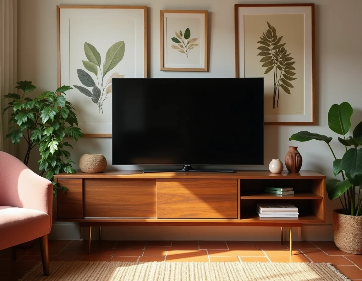 Meuble TV d'angle en noyer avec pieds en laiton dans un salon mid-century modern aux tons chauds et à l'ambiance cosy