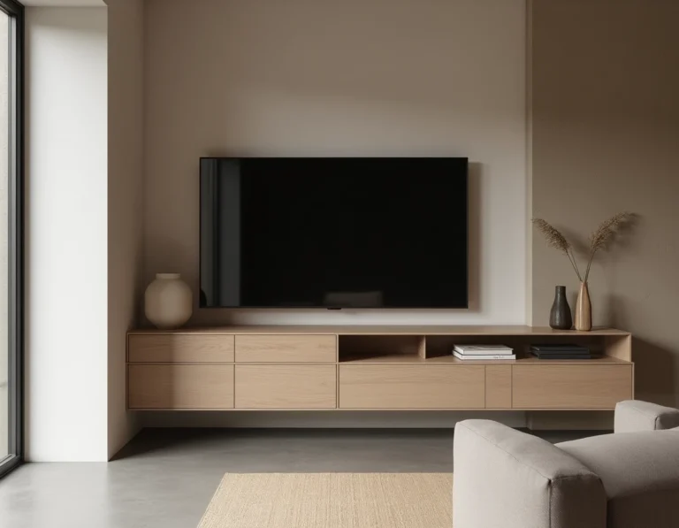 Meuble TV d'angle en chêne blanc mat dans un salon contemporain minimaliste avec sol en béton poli et mur en plâtre texturé