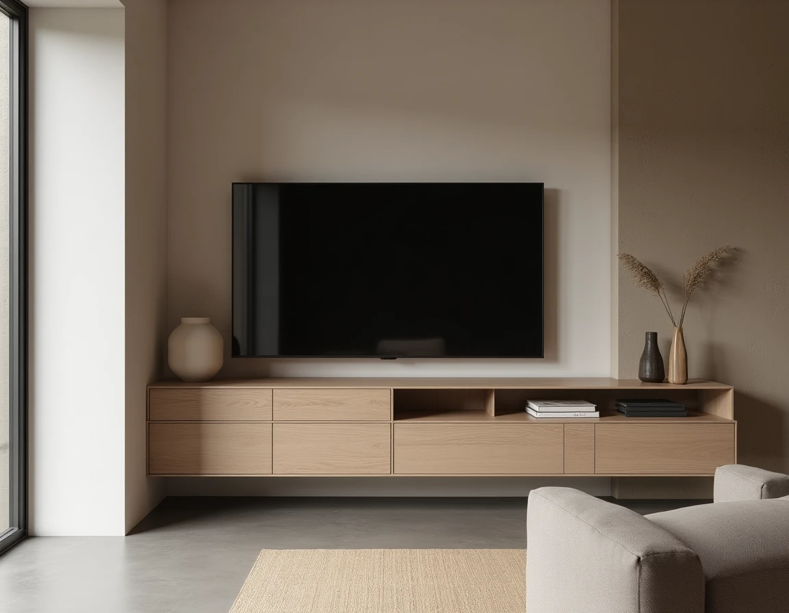 Meuble TV d'angle en chêne blanc mat dans un salon contemporain minimaliste avec sol en béton poli et mur en plâtre texturé