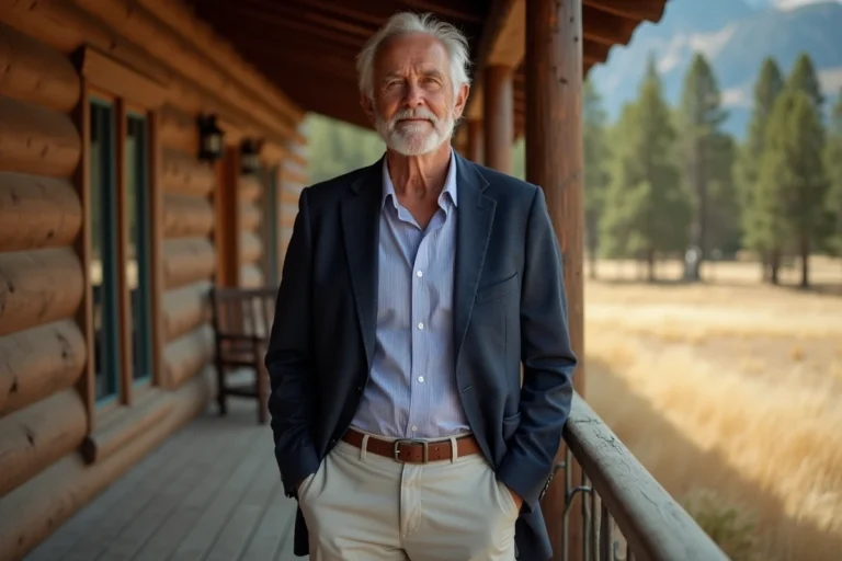 Paul Qualley devant un ranch en bois entouré de pins dans le Montana, portrait éditorial en plein air