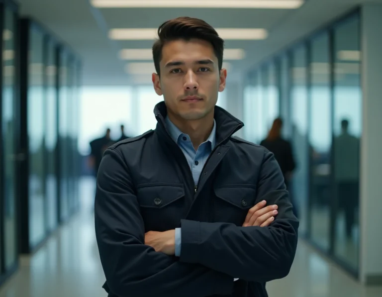 Portrait d'un agent de série policière américaine NCIS dans un couloir de bureau fédéral moderne