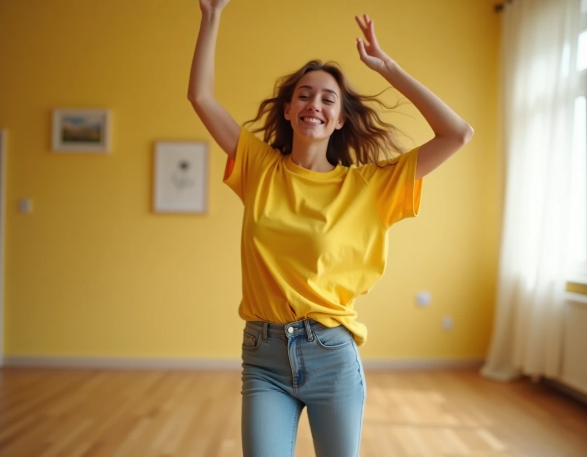 Jeune femme en t-shirt jaune dansant seule et joyeusement dans un salon vide, les bras levés avec un sourire spontané et communicatif