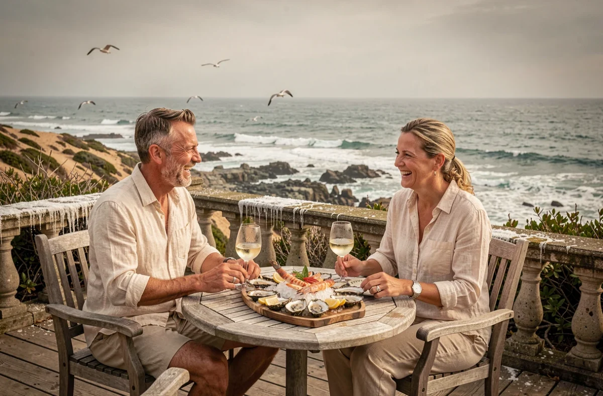 Couple partageant un plateau de fruits de mer en terrasse face à l'océan lors d'un week-end thalasso