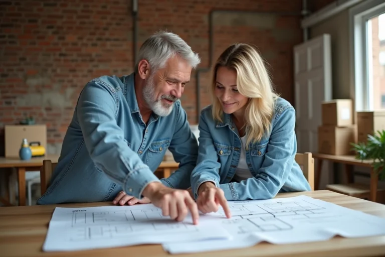 Couple de middleaged discutant plans dans maison renovée