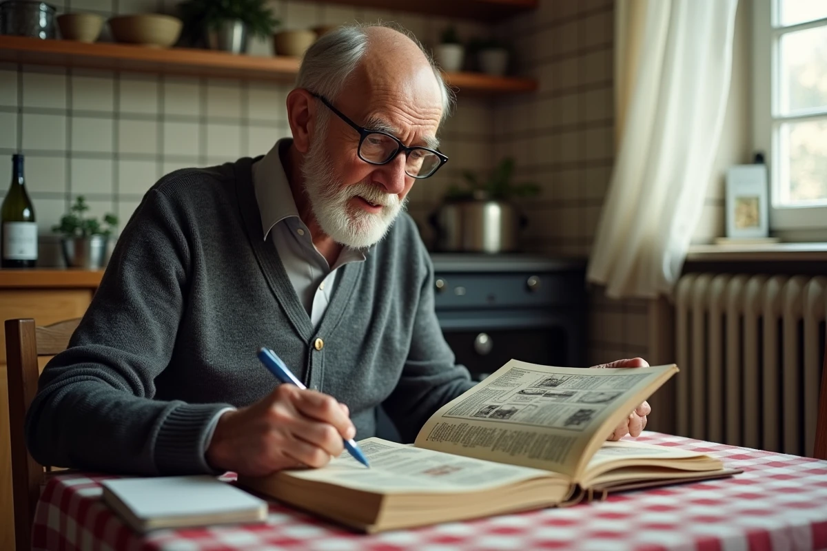 Homme âgé consultant un vieux catalogue de vente par correspondance dans une cuisine rurale française