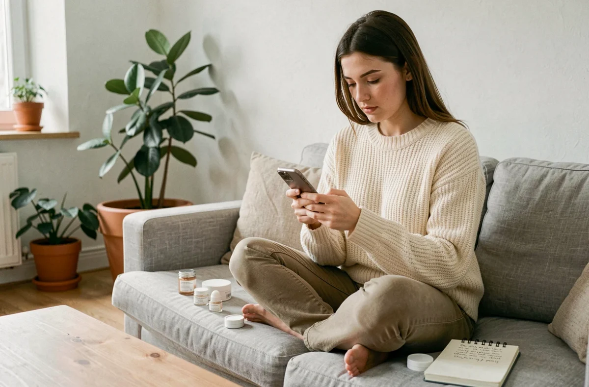 Jeune femme faisant du shopping beauté en ligne sur son smartphone depuis son canapé, entourée de produits de soin