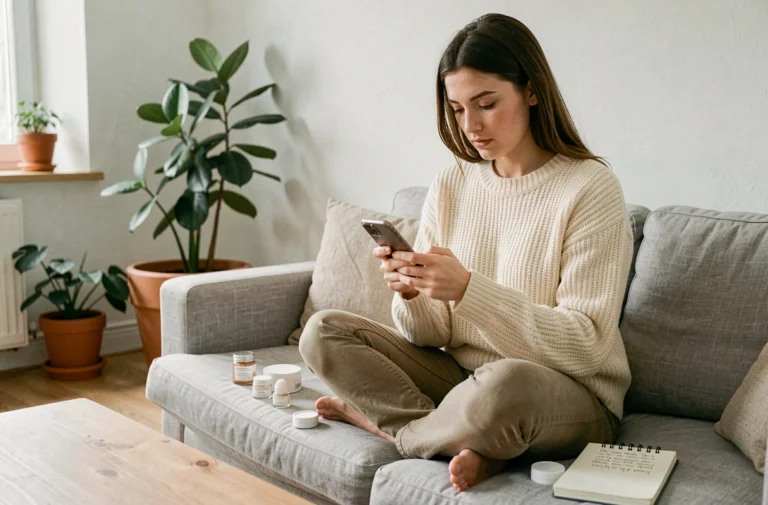 Jeune femme faisant du shopping beauté en ligne sur son smartphone depuis son canapé, entourée de produits de soin