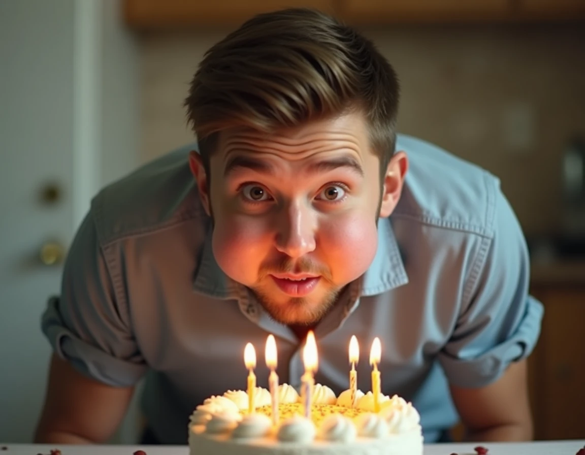 Jeune homme soufflant les bougies d'un gâteau d'anniversaire avec des joues extrêmement gonflées et une expression dramatiquement exagérée façon tempête