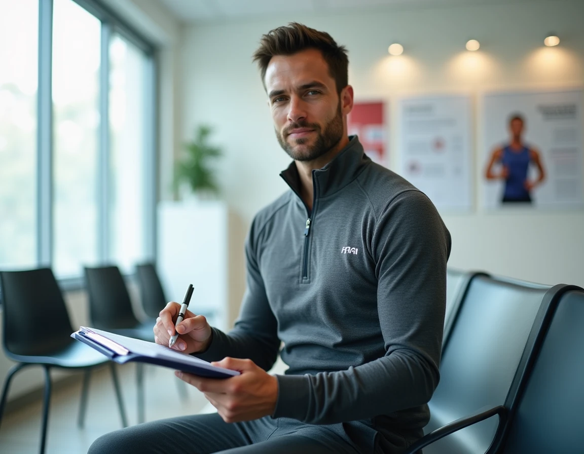 Sportif remplissant un questionnaire médical dans une salle d'attente de médecine du sport pour obtenir son certificat médical trail