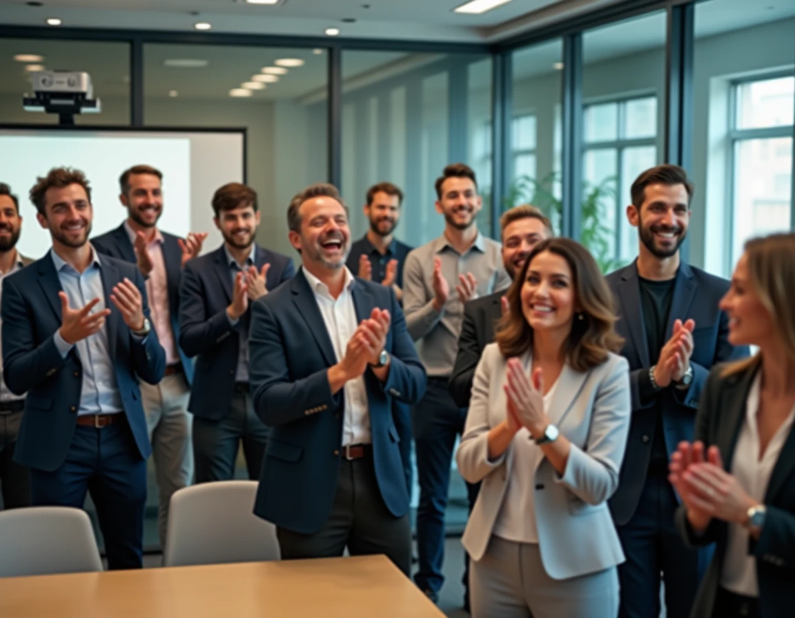 Groupe de collègues en tenues professionnelles décontractées se levant et applaudissant avec enthousiasme dans une salle de réunion, évoquant une standing ovation de film