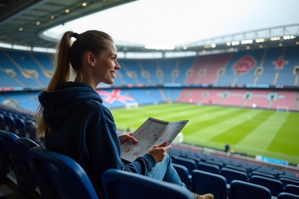Jeune supportrice assise dans les tribunes du Parc des Princes consultant le plan des places du stade