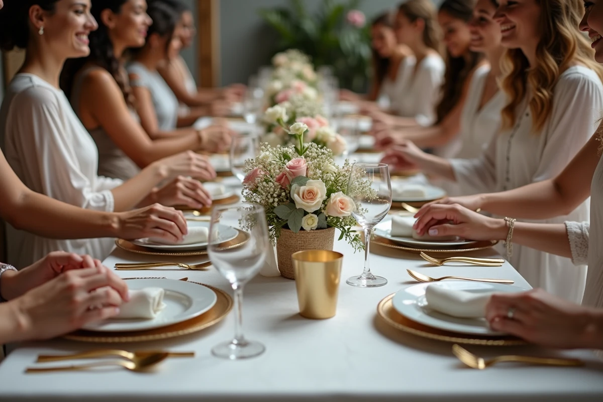 Table de réception de mariage avec invités et fleurs