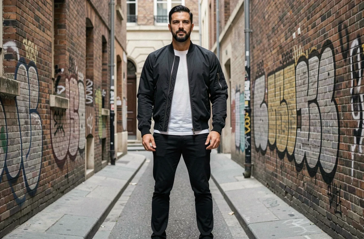 Portrait plein pied d'un homme grand et athlétique en veste bomber noire dans une ruelle parisienne, illustrant la stature imposante de Lacrim