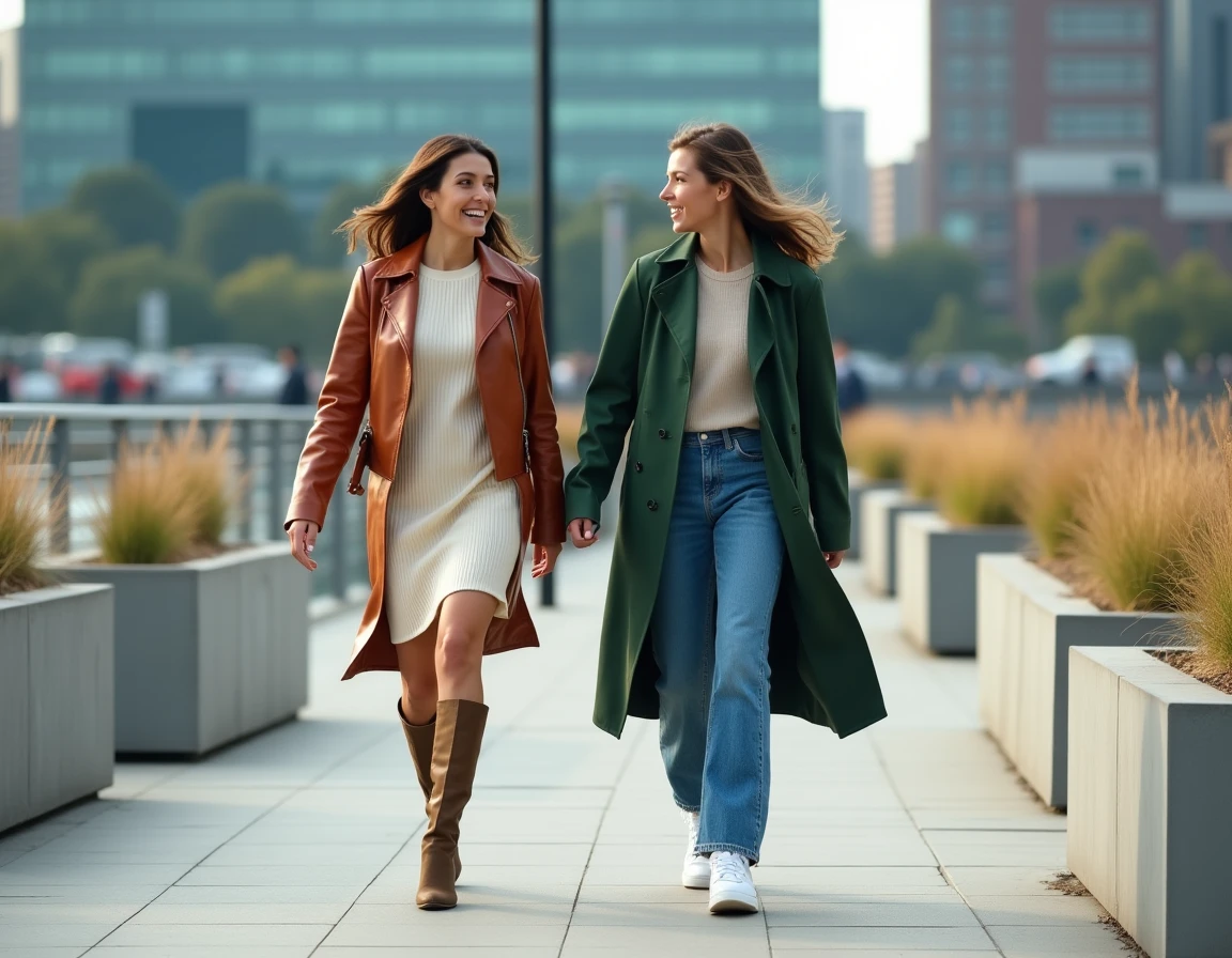 Deux femmes stylées en veste en cuir rouille et trench vert marchant sur une promenade urbaine moderne