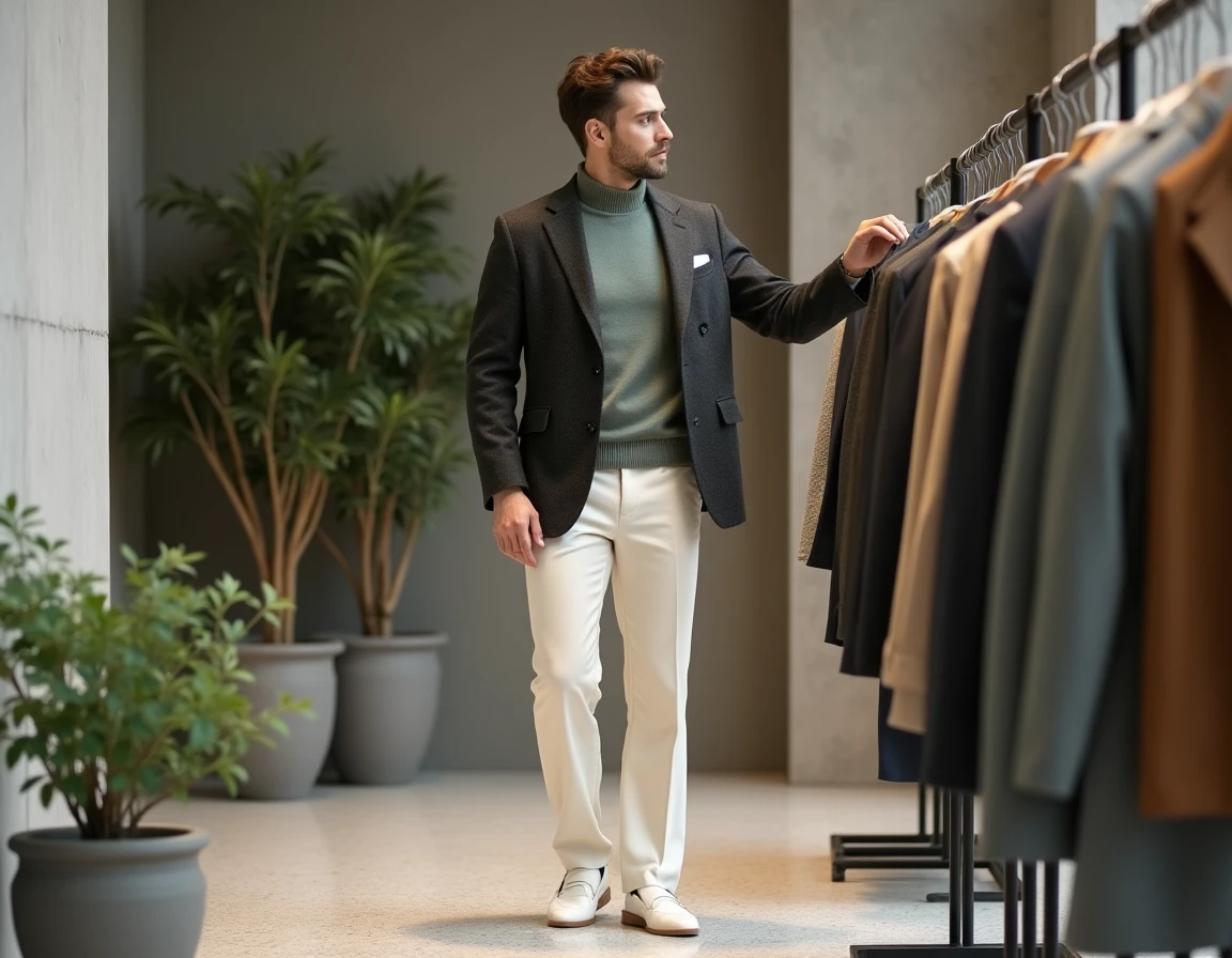 Homme en blazer charbon et pantalon large crème dans un concept store minimaliste au design épuré