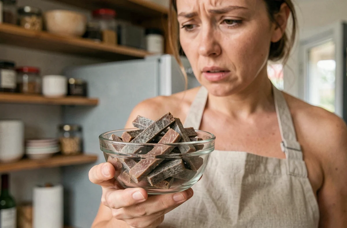Femme inspectant des lardons gris et marron dans un bol en verre, vérifiant si les lardons sont encore consommables ou périmés