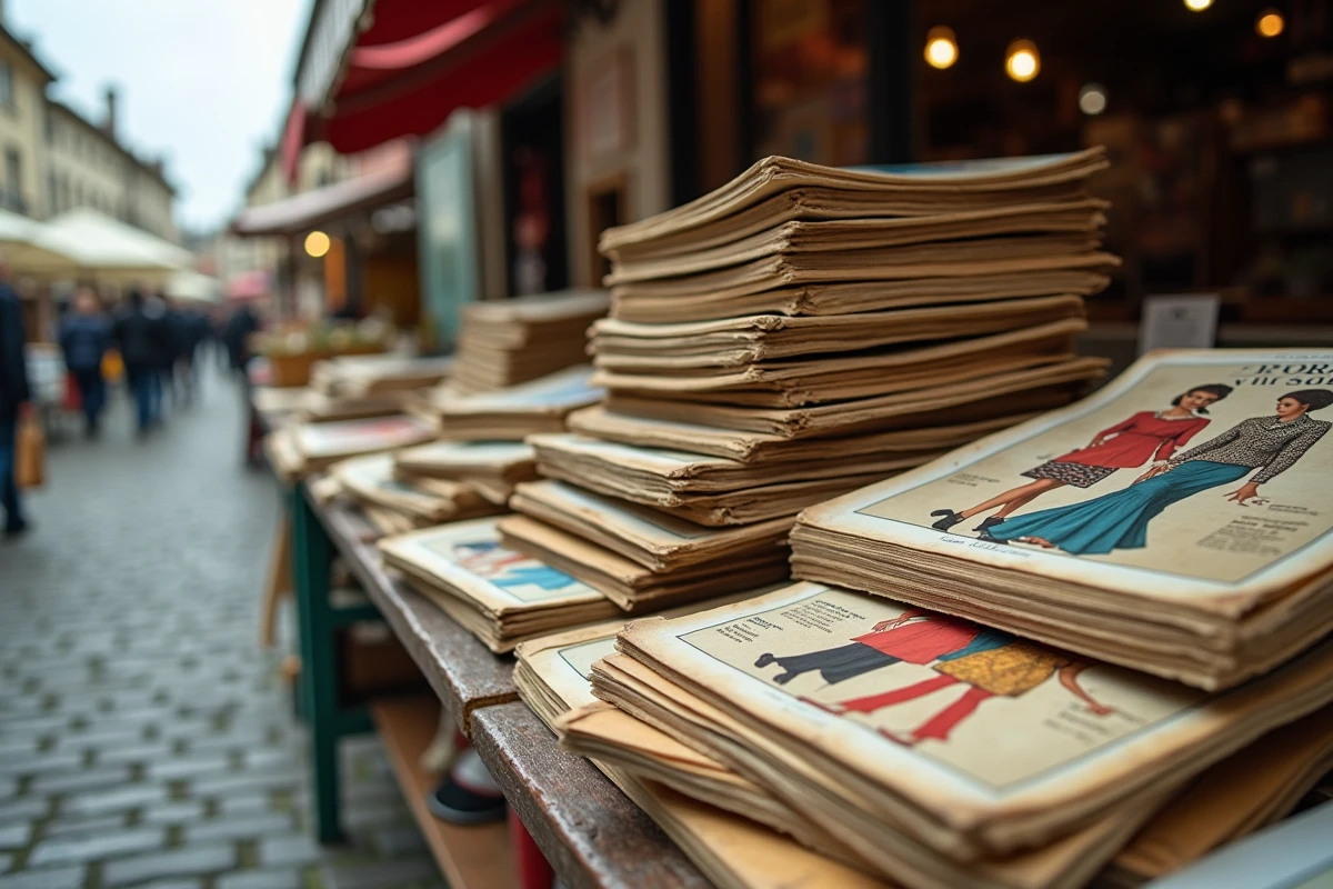 Anciens catalogues de vente par correspondance empilés sur un étal de brocante en France